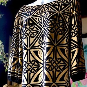 Casual work Dress Black and Tan Pattern Pull Over Mid Knee. Machine Washable .